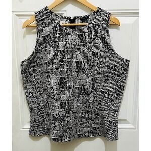 Ann Taylor Sleeveless‎ Peplum Top Black White Geometric Print Blouse Size 14